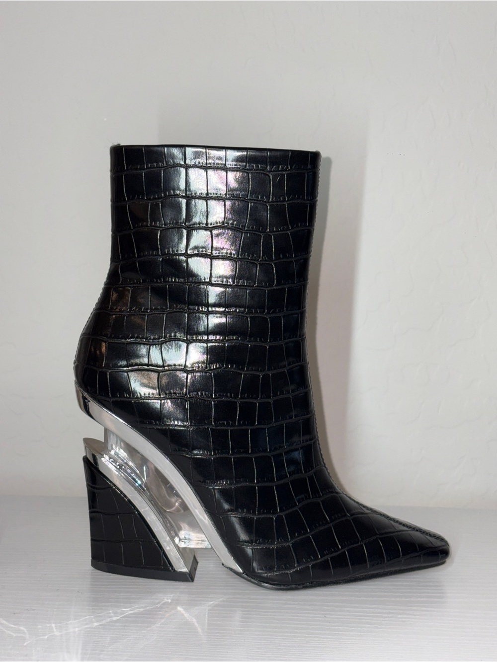 Ninety Black Croc-Embossed Pointed Ankle Boots with Sculptural Metallic Heel